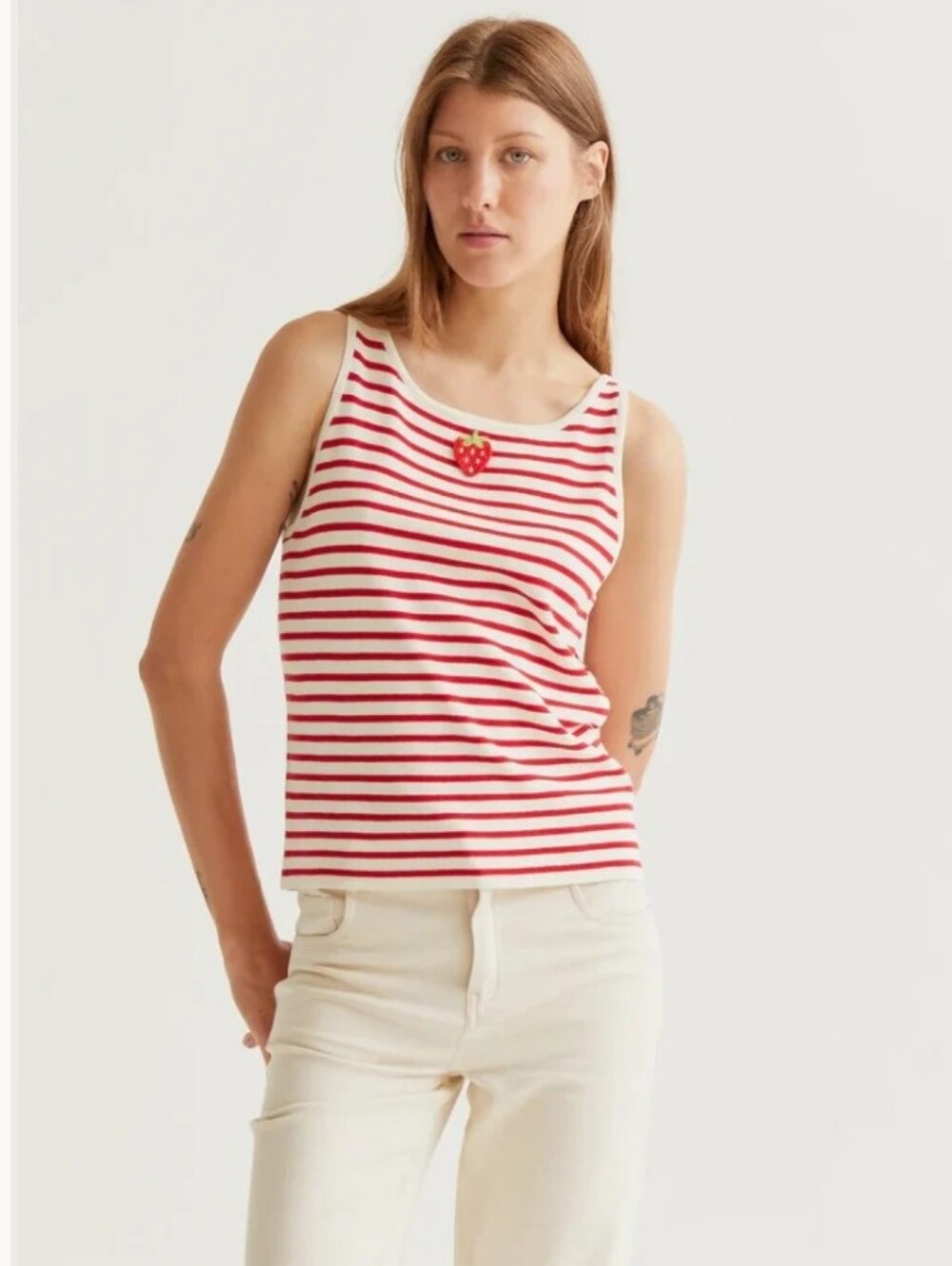 Compania Fantastica Strawberry Applique Striped Boatneck Knit Tank Top RARE Sz M